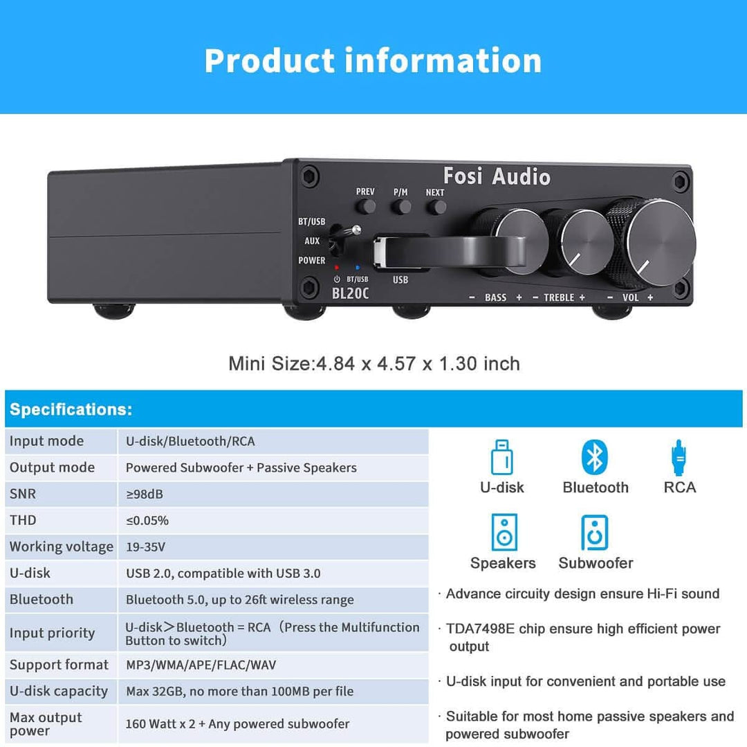 Fosi Audio BL20C Bluetooth 5.0 Stereo Amplifier – 160W X 2, 2.1 Channel, U-Disk, RCA – TDA7498E, Black